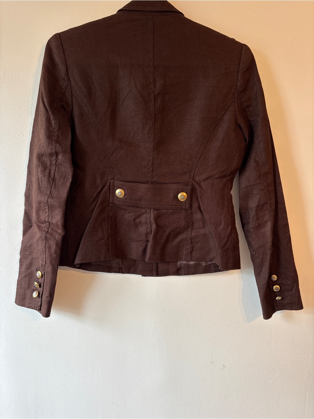 Michael Kors Military Blazer Brown Linen Jacket Gold Button Fitted Size 2 - Picture 6 of 8